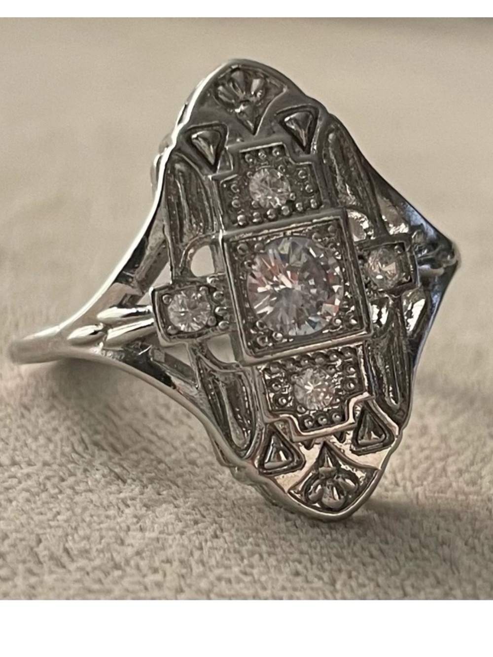 STERLING Silver Diamond Simulated Art Deco Style Cocktail Ring